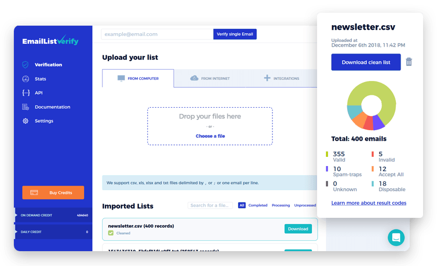 Screenshot of EmaiListVerify dashboard